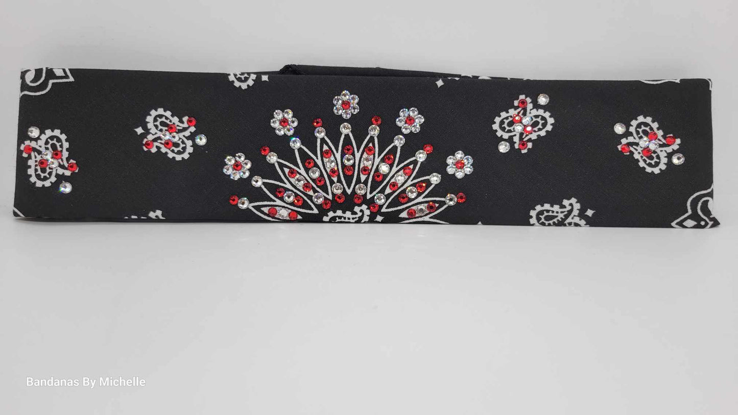 Narrow Black Paisley Bandana with Red and Diamond Clear Austrian Crystals (sku2067)
