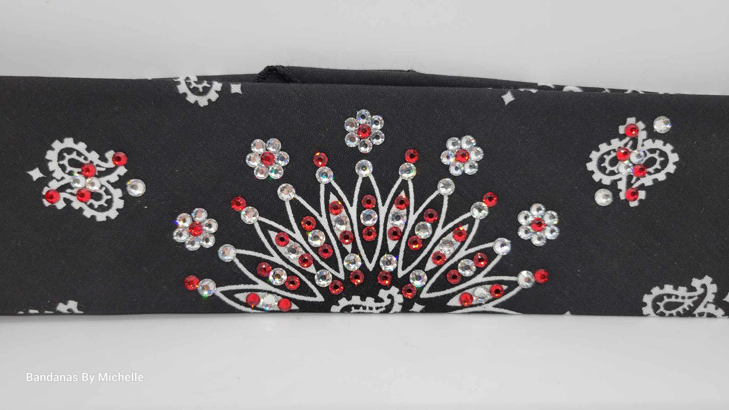 Narrow Black Paisley Bandana with Red and Diamond Clear Austrian Crystals (sku2067)