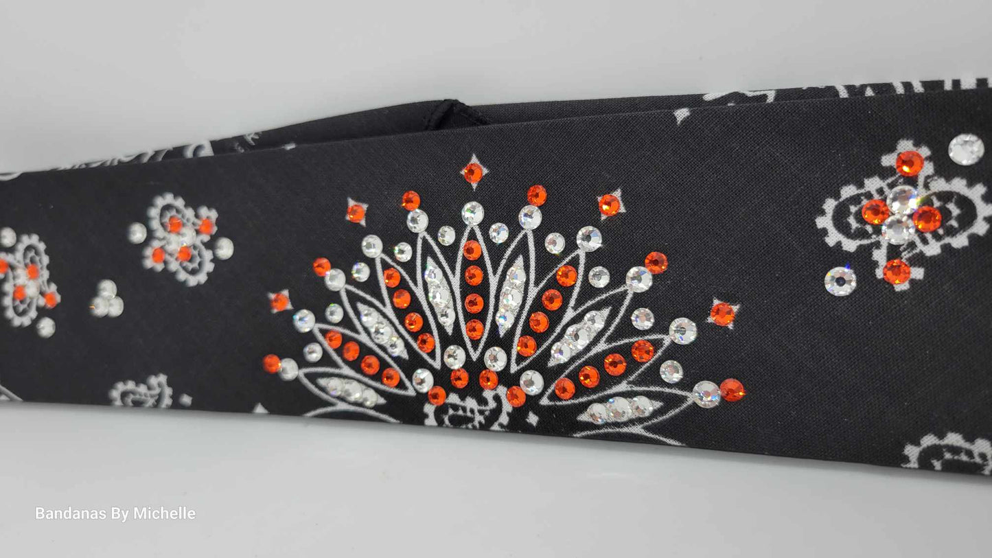 Narrow Black Paisley Bandana with Orange and Diamond Clear Austrian Crystals (Sku2068)