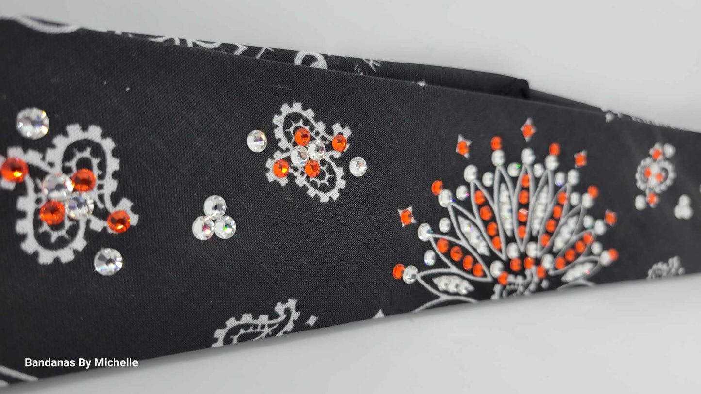 Narrow Black Paisley Bandana with Orange and Diamond Clear Austrian Crystals (Sku2068)