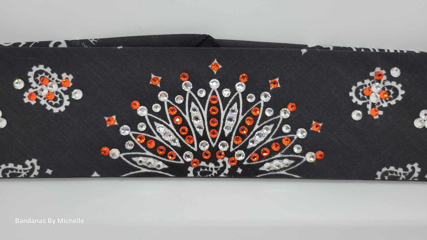 Narrow Black Paisley Bandana with Orange and Diamond Clear Austrian Crystals (Sku2068)