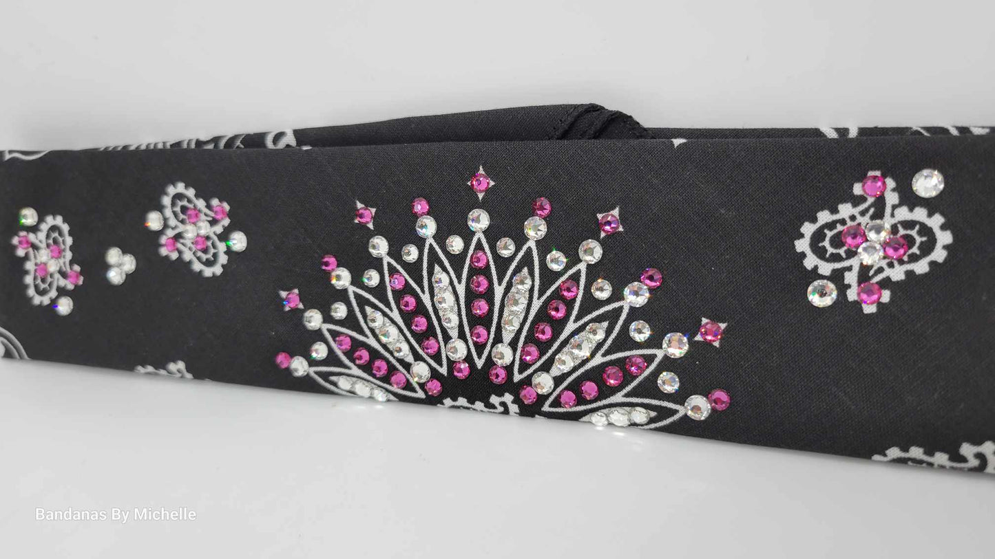 Narrow Black Paisley Bandana with Fuchsia and Diamond Clear Austrian Crystals (Sku2072)