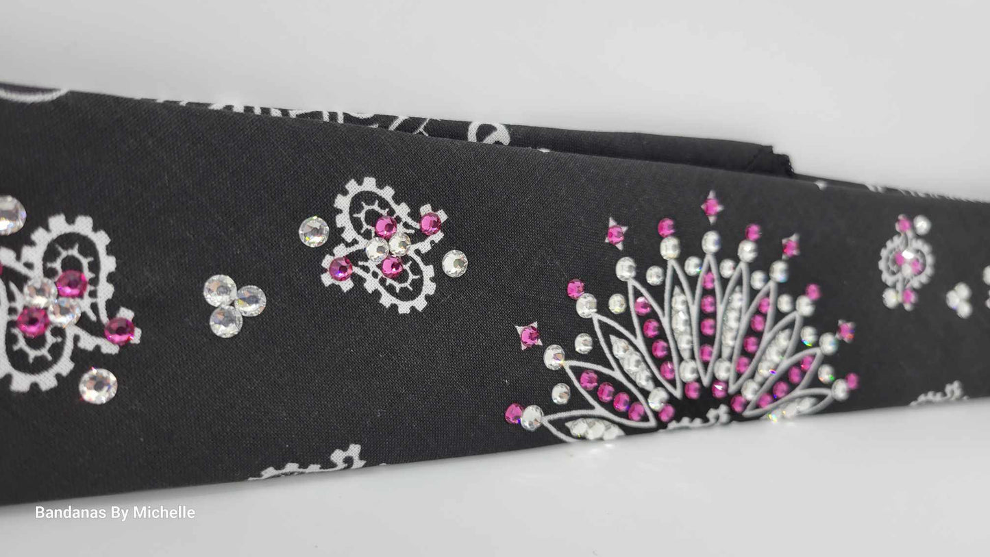Narrow Black Paisley Bandana with Fuchsia and Diamond Clear Austrian Crystals (Sku2072)