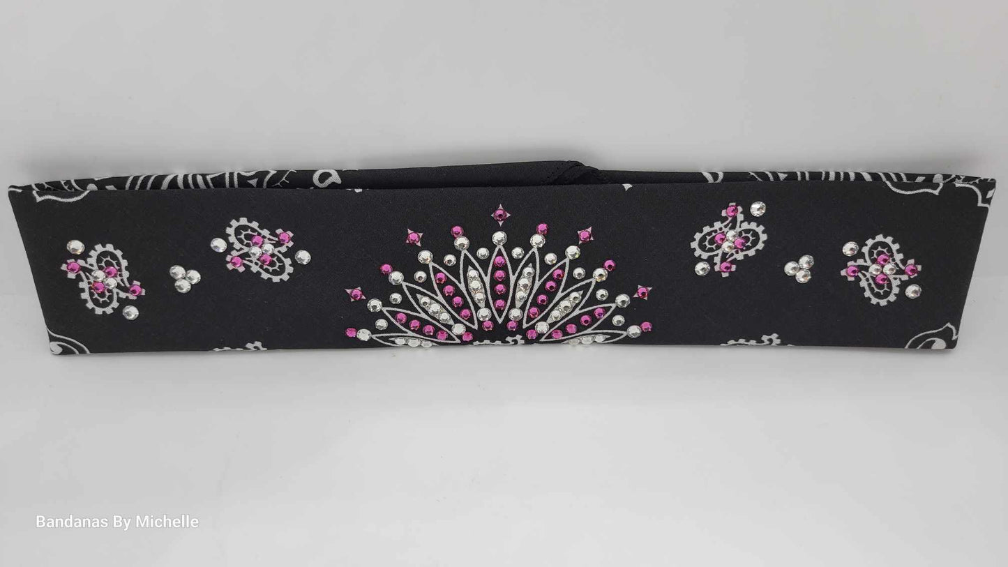 Narrow Black Paisley Bandana with Fuchsia and Diamond Clear Austrian Crystals (Sku2072)