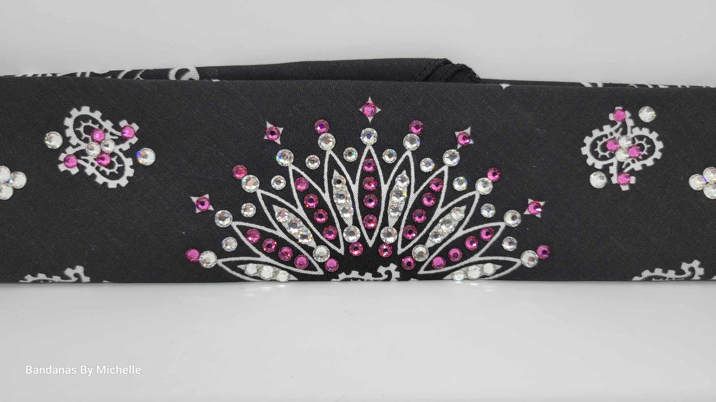 Narrow Black Paisley Bandana with Fuchsia and Diamond Clear Austrian Crystals (Sku2072)