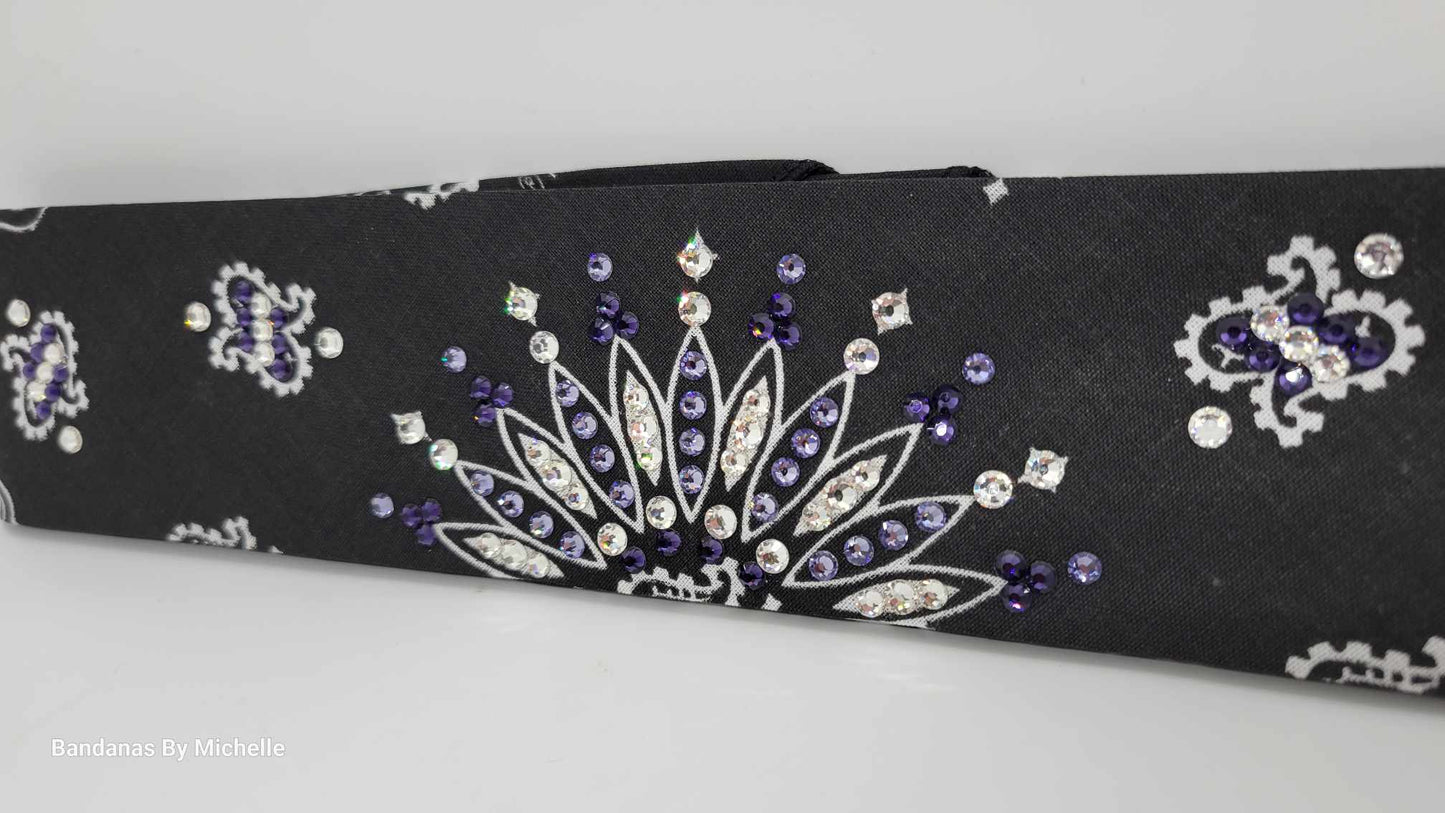 Narrow Black Paisley Bandana with Dark Purple, Light Purple and Diamond Clear Austrian Crystals (Sku2073)