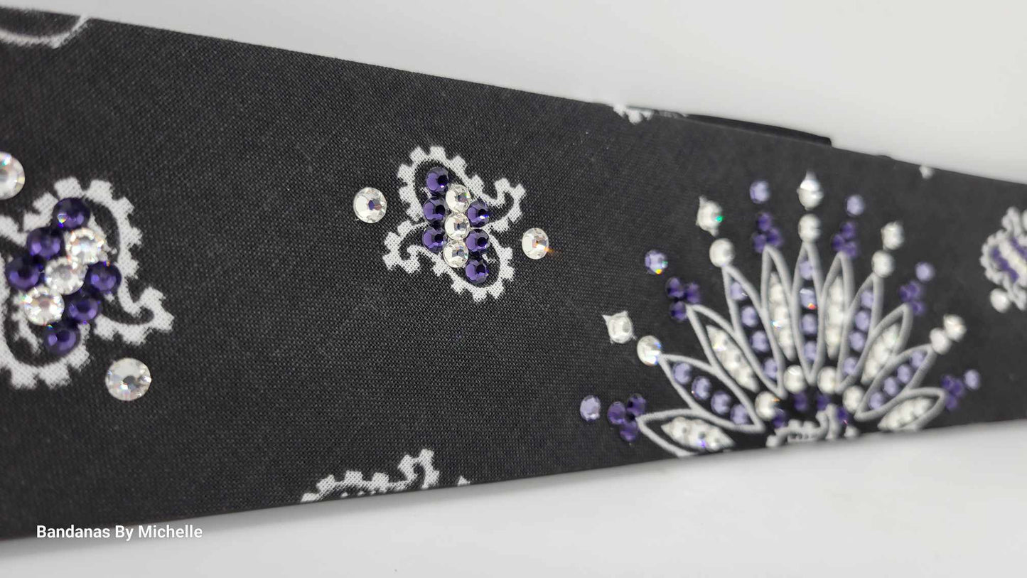Narrow Black Paisley Bandana with Dark Purple, Light Purple and Diamond Clear Austrian Crystals (Sku2073)