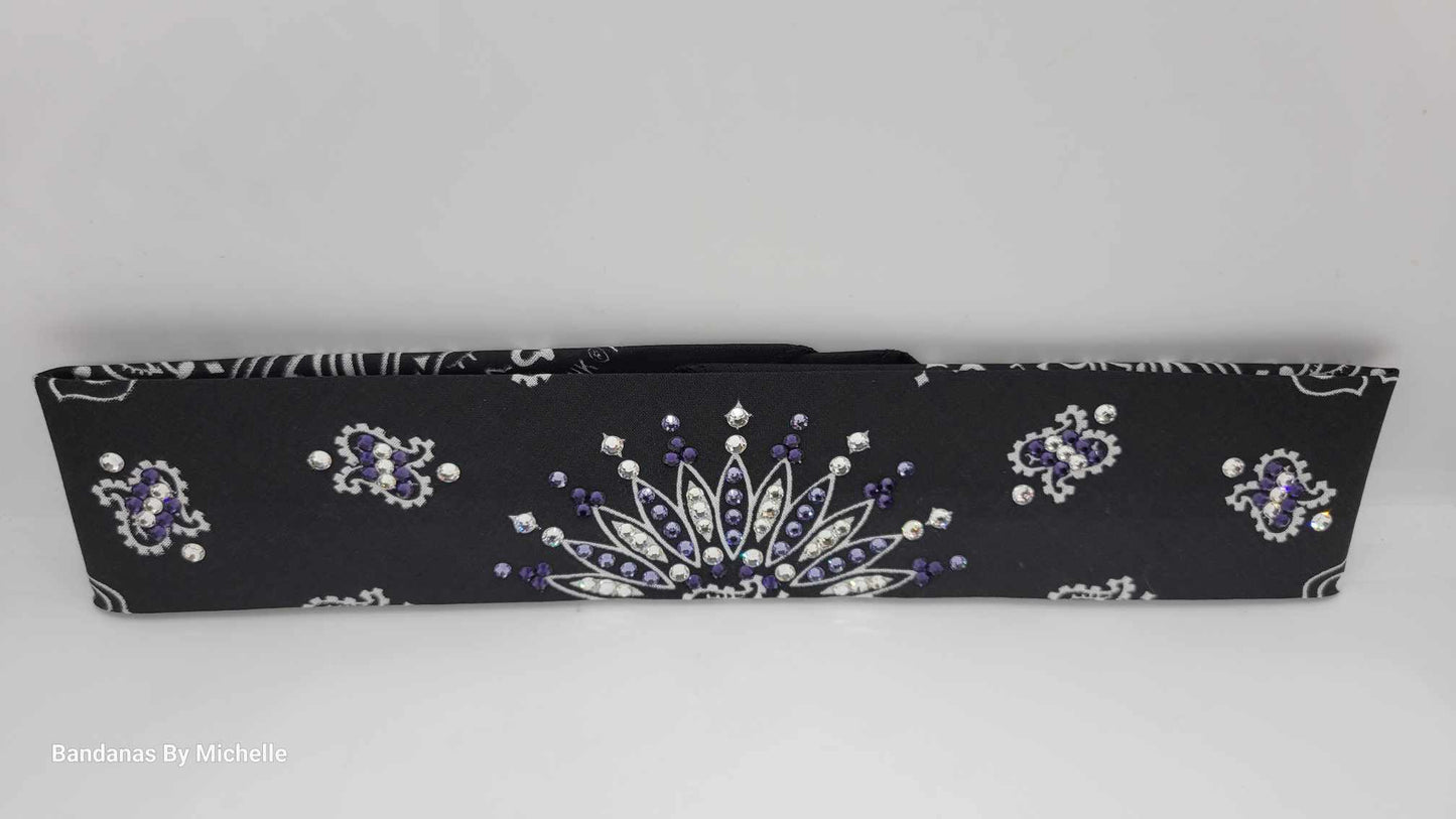Narrow Black Paisley Bandana with Dark Purple, Light Purple and Diamond Clear Austrian Crystals (Sku2073)