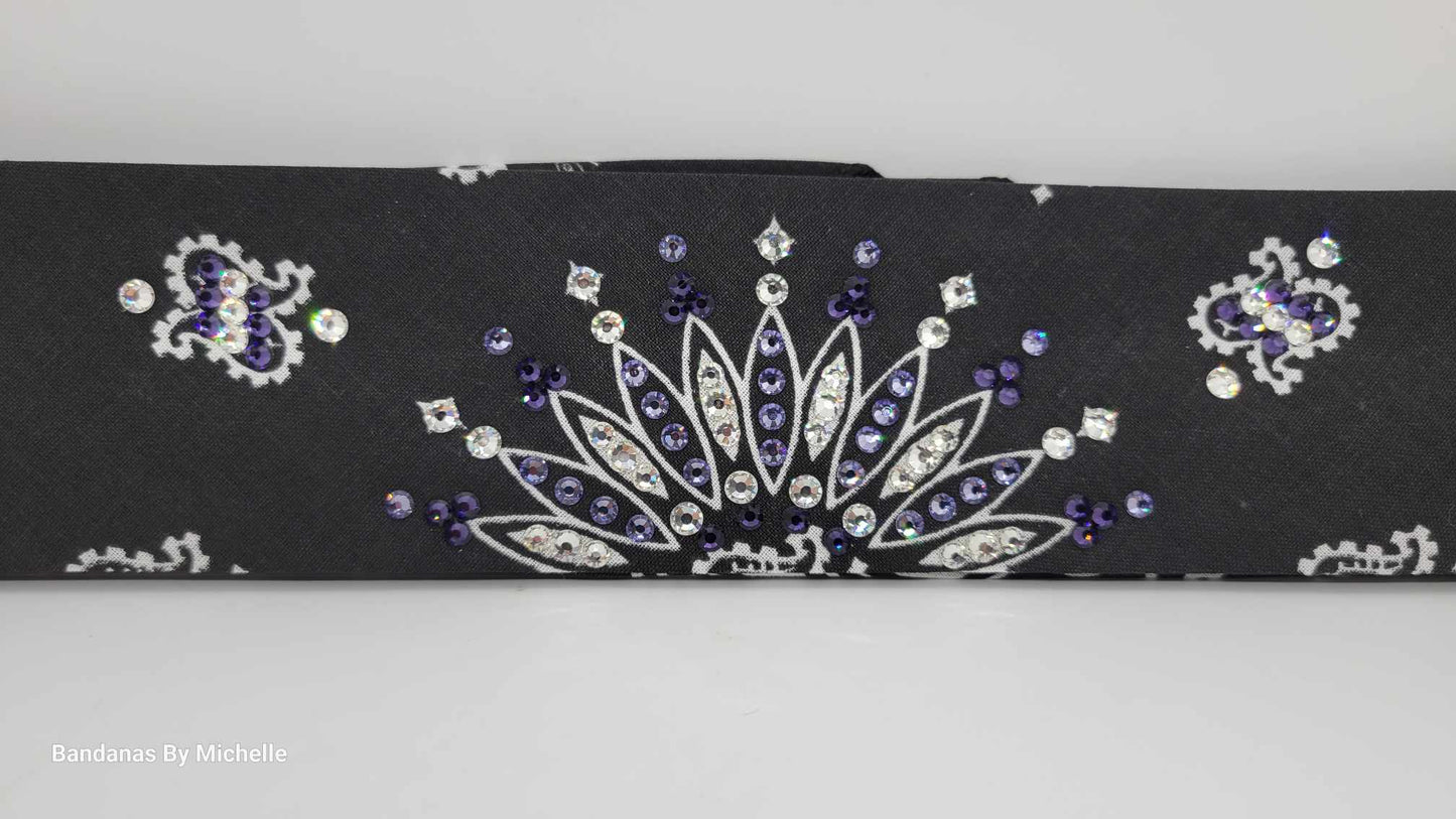 Narrow Black Paisley Bandana with Dark Purple, Light Purple and Diamond Clear Austrian Crystals (Sku2073)