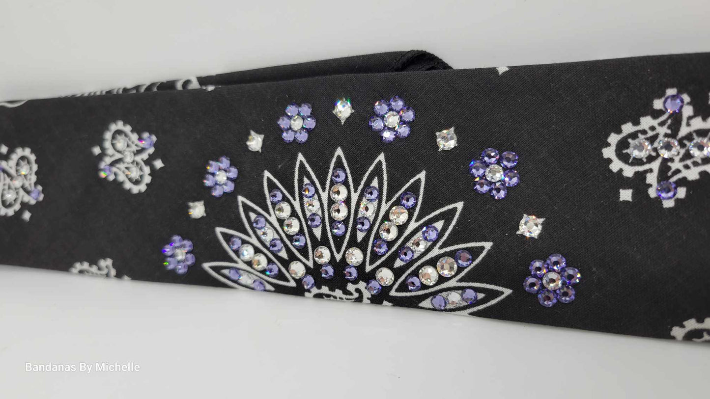 Narrow Black Paisley Bandana with Light Purple and Diamond Clear Austrian Crystals (Sku2075)