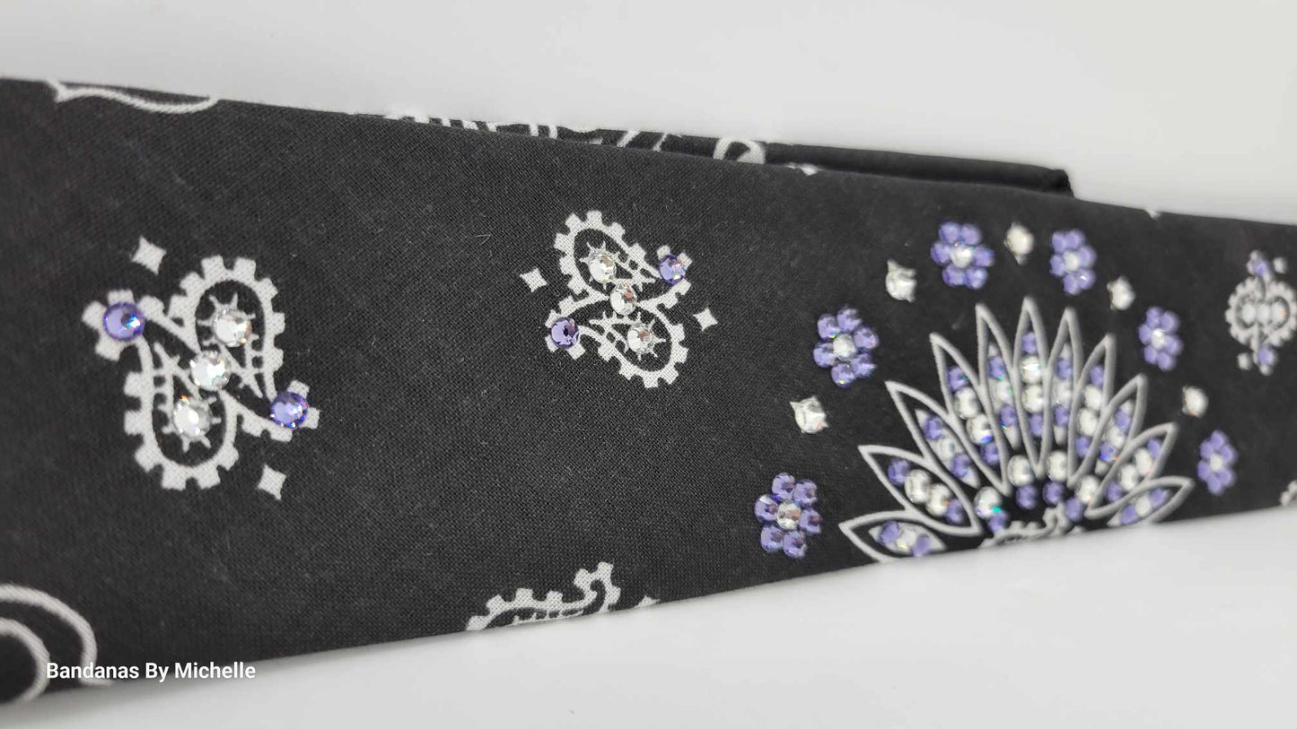 Narrow Black Paisley Bandana with Light Purple and Diamond Clear Austrian Crystals (Sku2075)