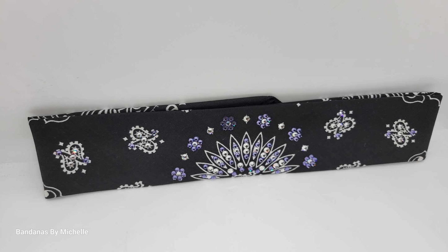 Narrow Black Paisley Bandana with Light Purple and Diamond Clear Austrian Crystals (Sku2075)