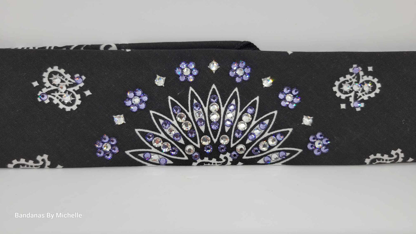 Narrow Black Paisley Bandana with Light Purple and Diamond Clear Austrian Crystals (Sku2075)