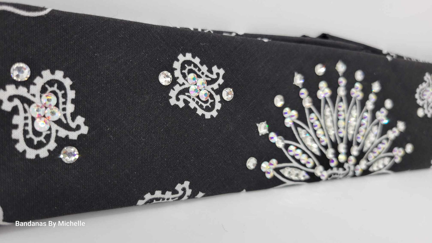 Narrow Black Paisley Bandana with Aurora Borealis and Diamond Clear Austrian Crystals (Sku2076)