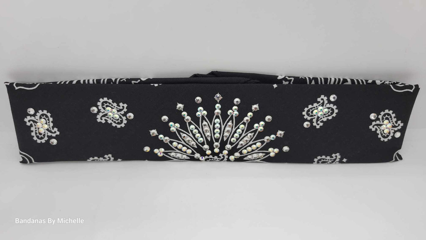 Narrow Black Paisley Bandana with Aurora Borealis and Diamond Clear Austrian Crystals (Sku2076)