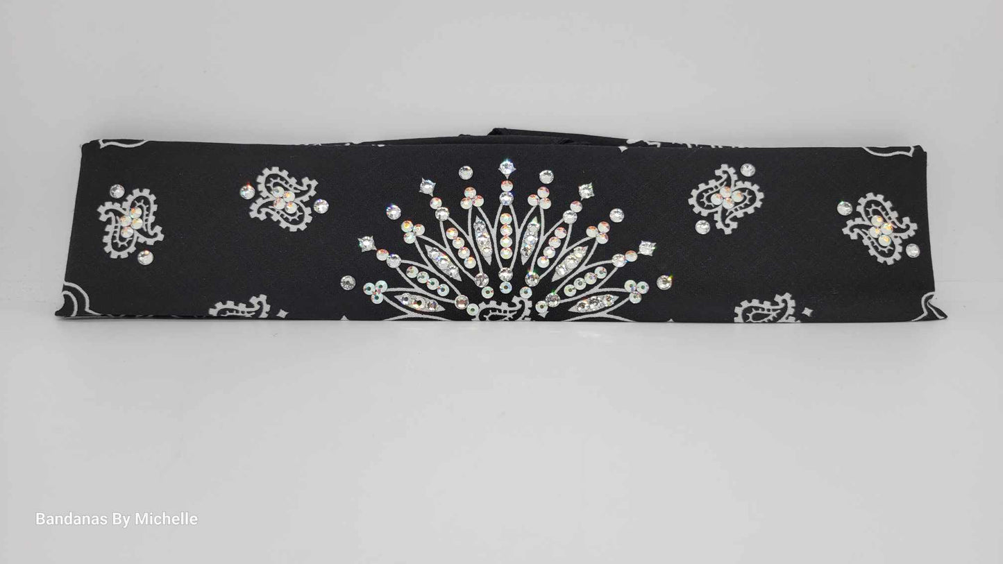 Narrow Black Paisley Bandana with Aurora Borealis and Diamond Clear Austrian Crystals (Sku2076)