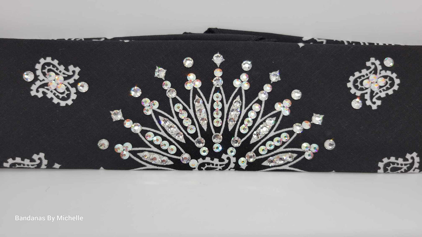 Narrow Black Paisley Bandana with Aurora Borealis and Diamond Clear Austrian Crystals (Sku2076)