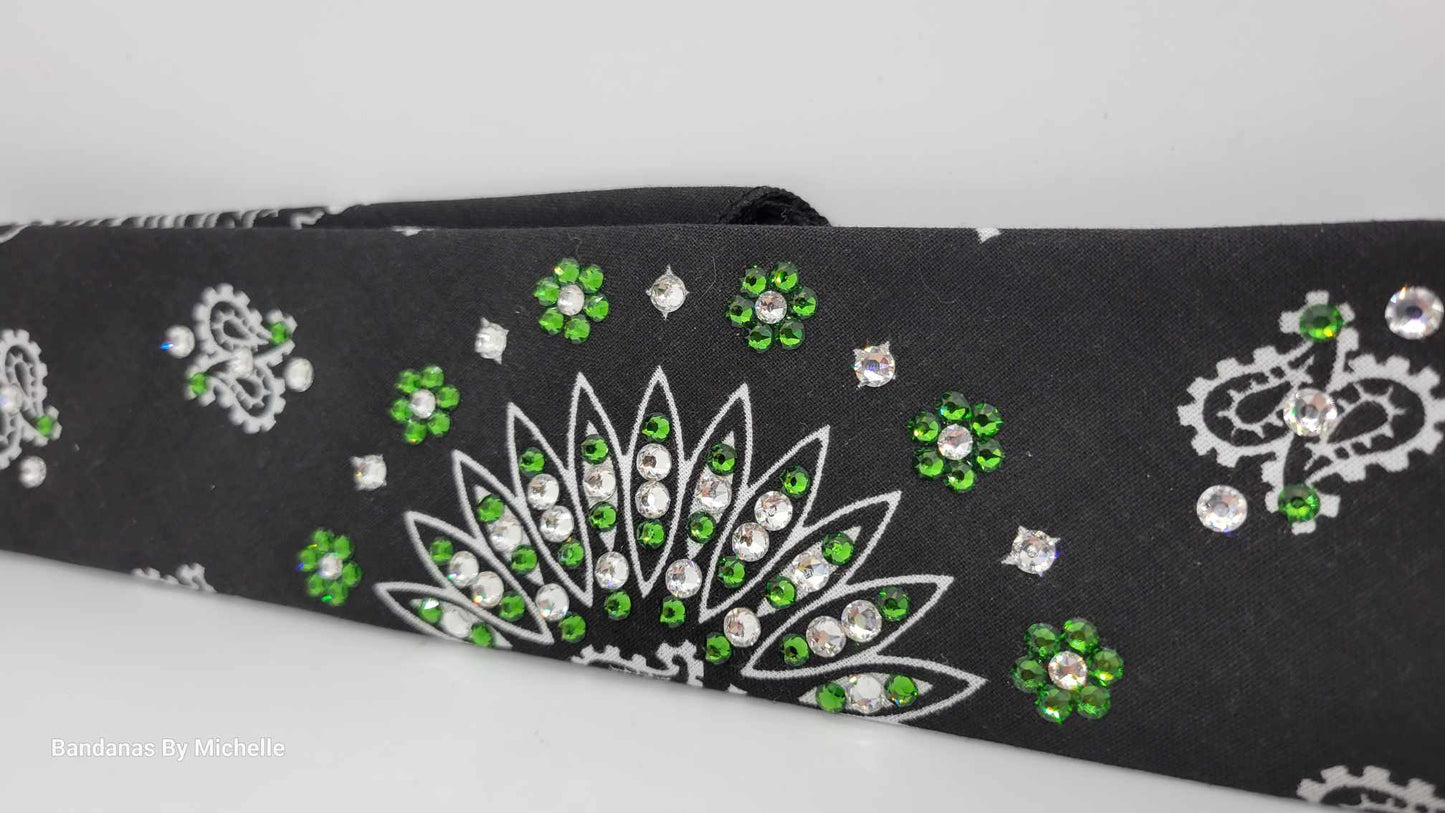 Narrow Black Paisley Bandana with Dark Green and Diamond Clear Austrian Crystals (Sku2077)