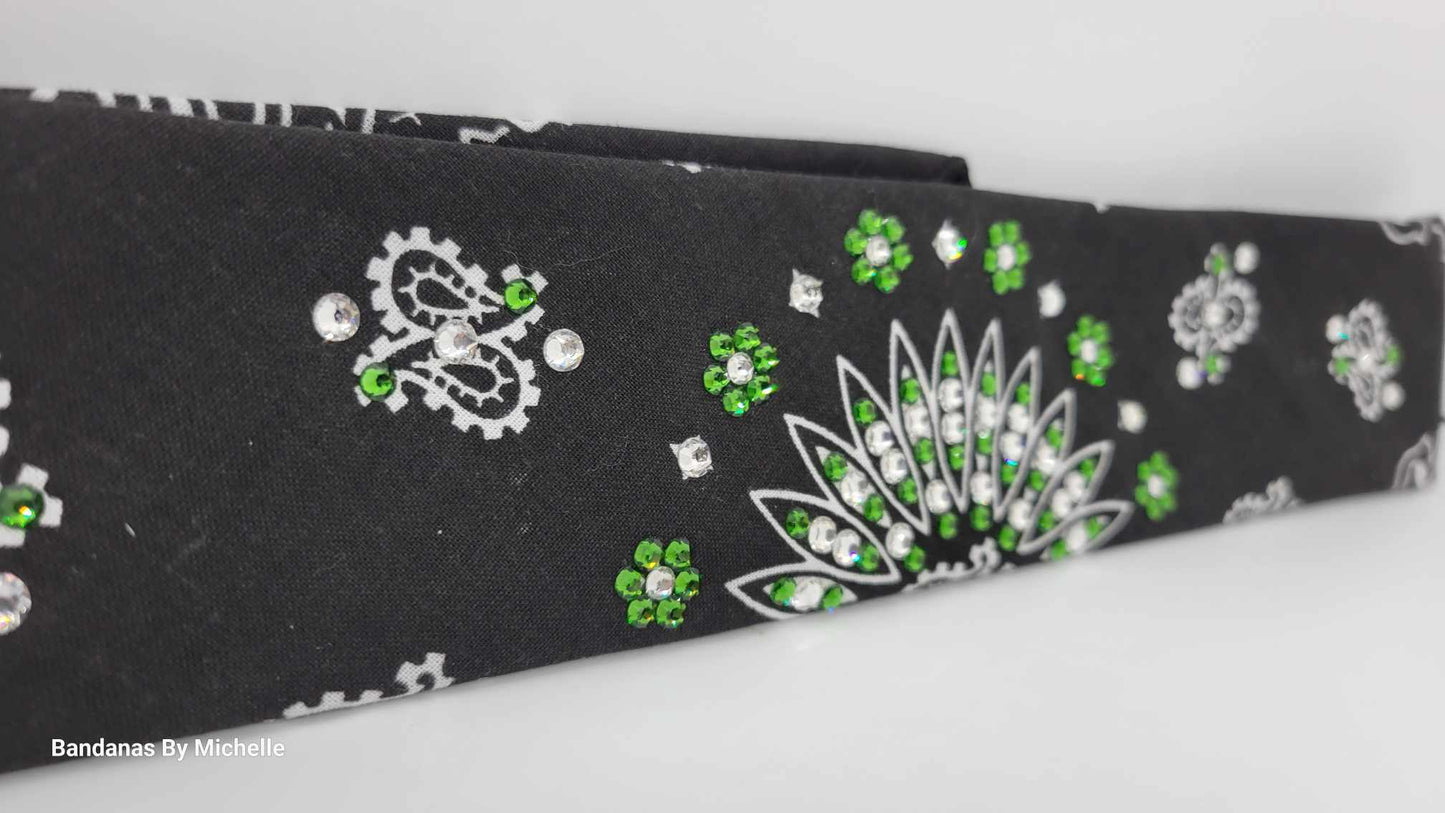 Narrow Black Paisley Bandana with Dark Green and Diamond Clear Austrian Crystals (Sku2077)
