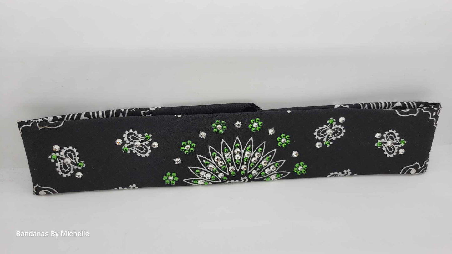 Narrow Black Paisley Bandana with Dark Green and Diamond Clear Austrian Crystals (Sku2077)