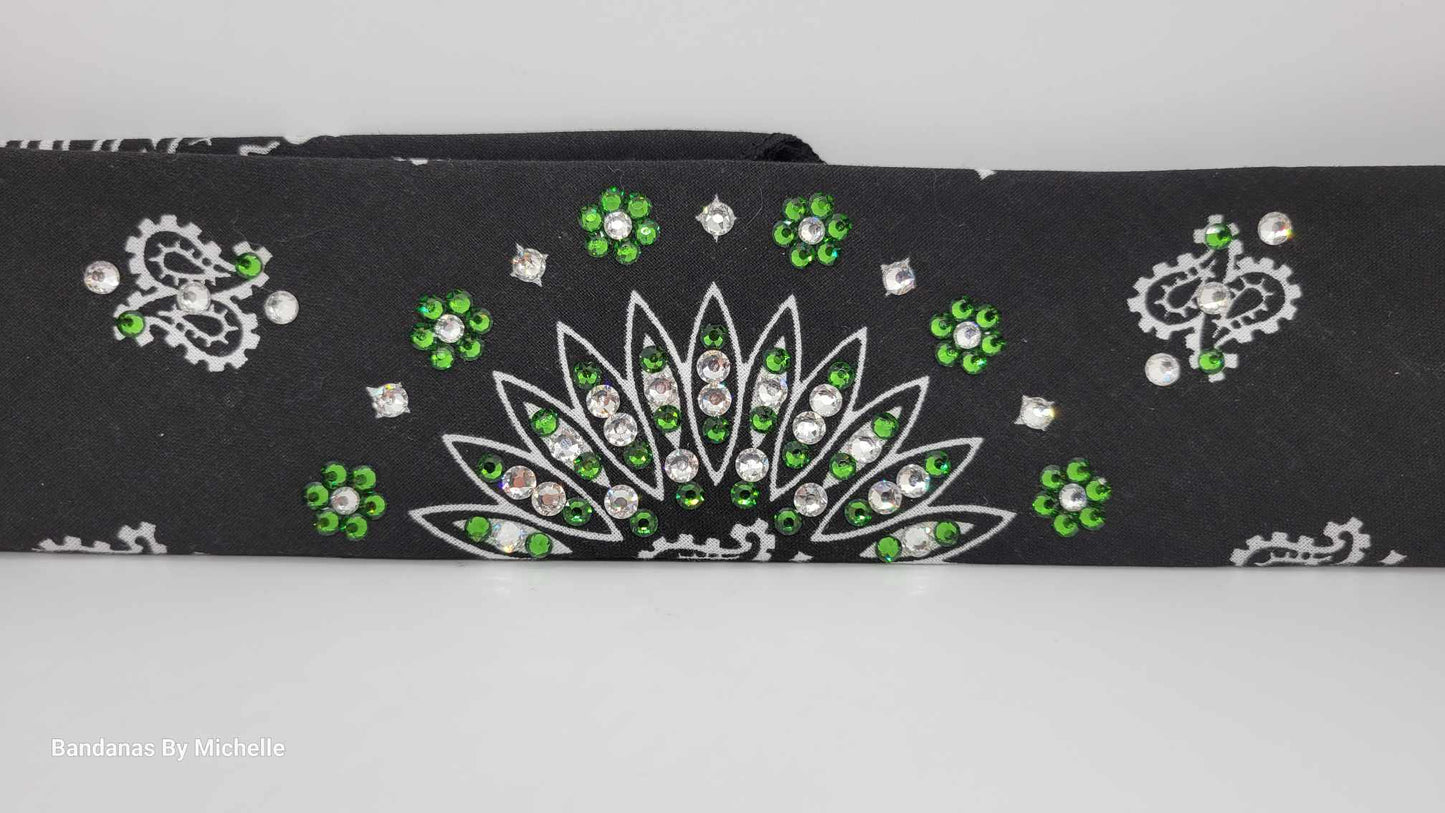 Narrow Black Paisley Bandana with Dark Green and Diamond Clear Austrian Crystals (Sku2077)