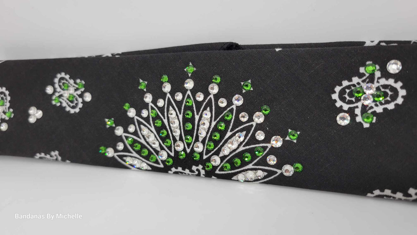 Narrow Black Paisley Bandana with Dark Green and Diamond Clear Austrian Crystals (Sku2078)