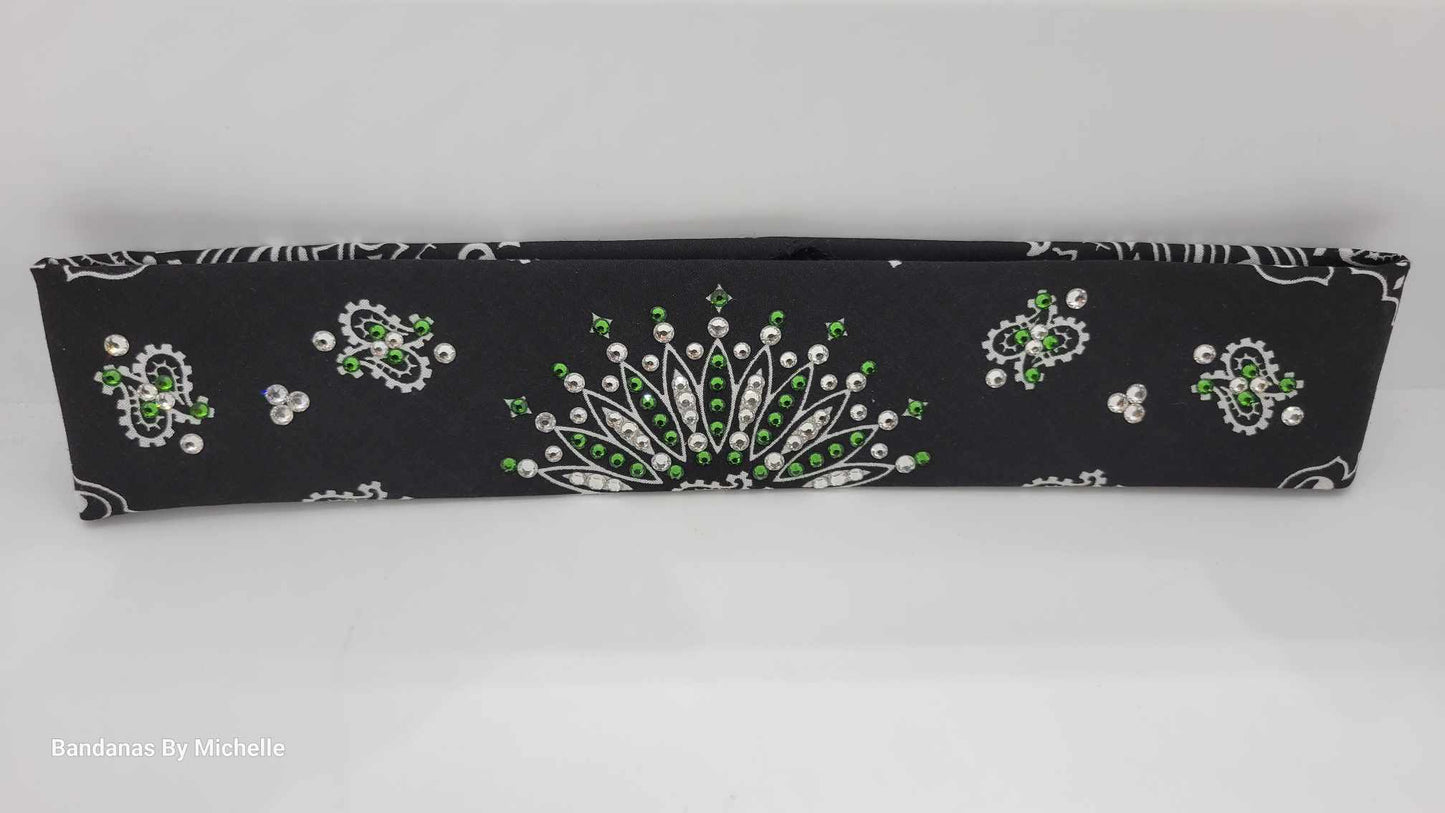 Narrow Black Paisley Bandana with Dark Green and Diamond Clear Austrian Crystals (Sku2078)