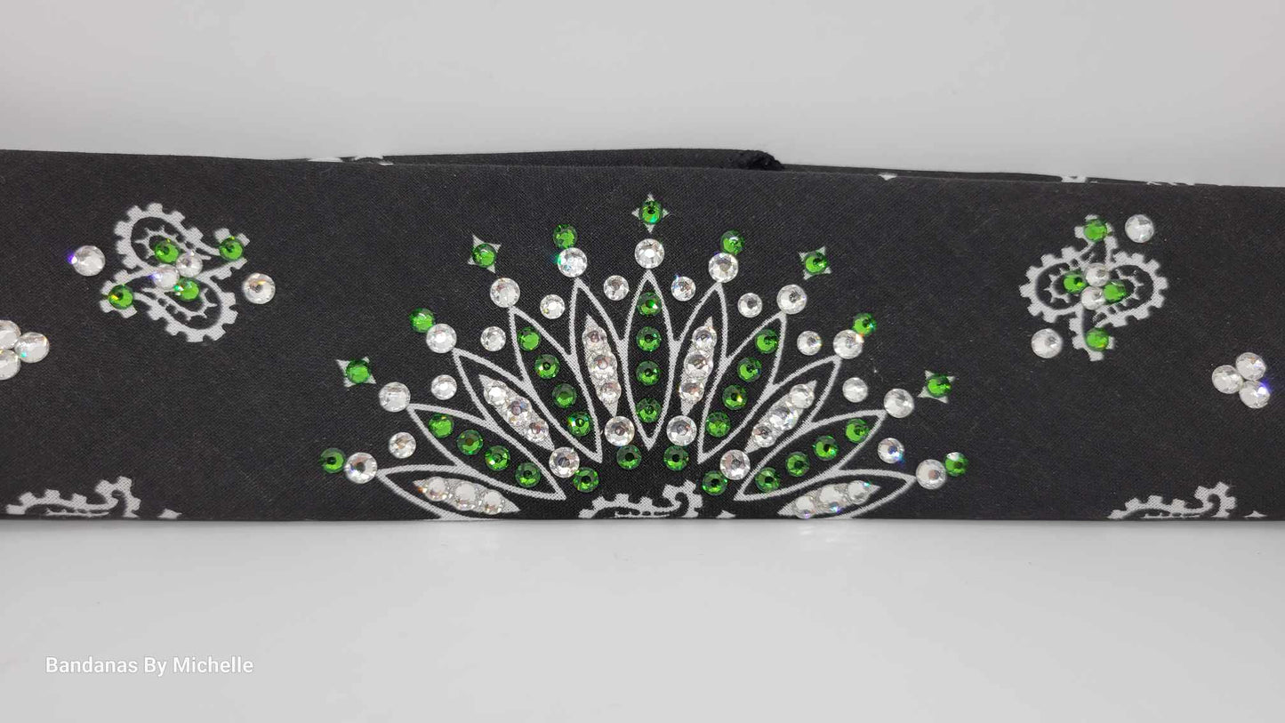 Narrow Black Paisley Bandana with Dark Green and Diamond Clear Austrian Crystals (Sku2078)