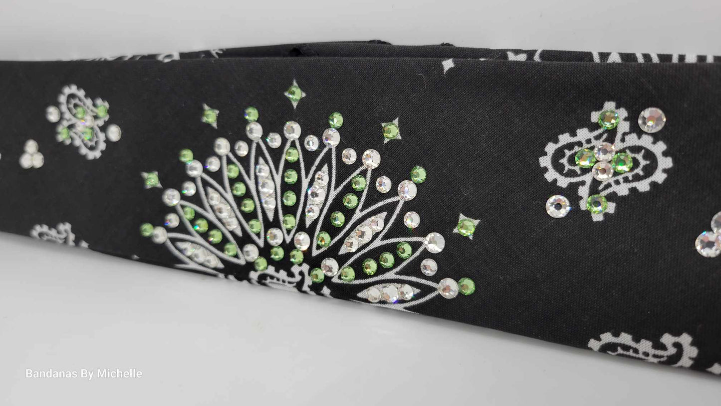 Narrow Black Paisley Bandana with Peridot Green and Diamond Clear Austrian Crystals (Sku2079)