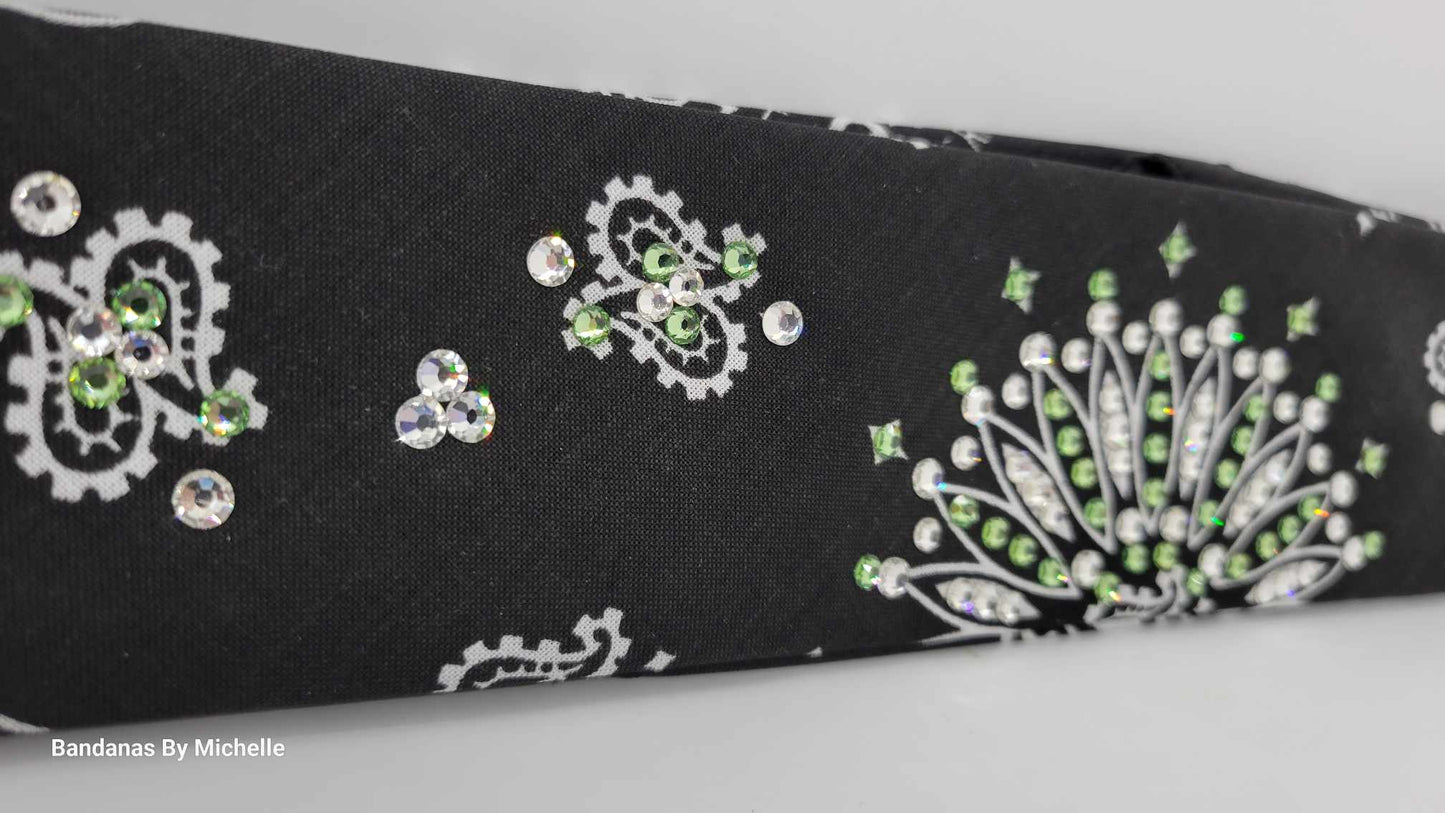 Narrow Black Paisley Bandana with Peridot Green and Diamond Clear Austrian Crystals (Sku2079)