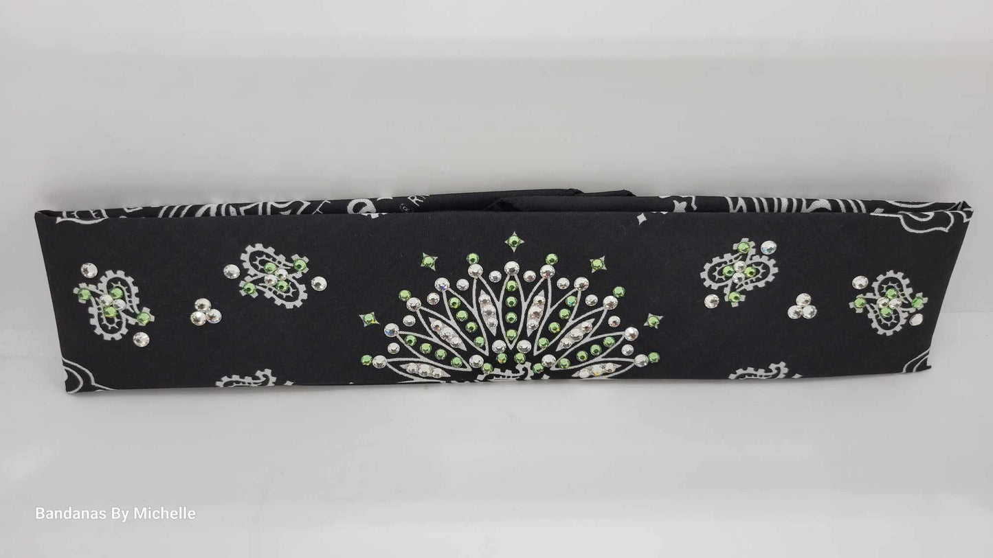 Narrow Black Paisley Bandana with Peridot Green and Diamond Clear Austrian Crystals (Sku2079)
