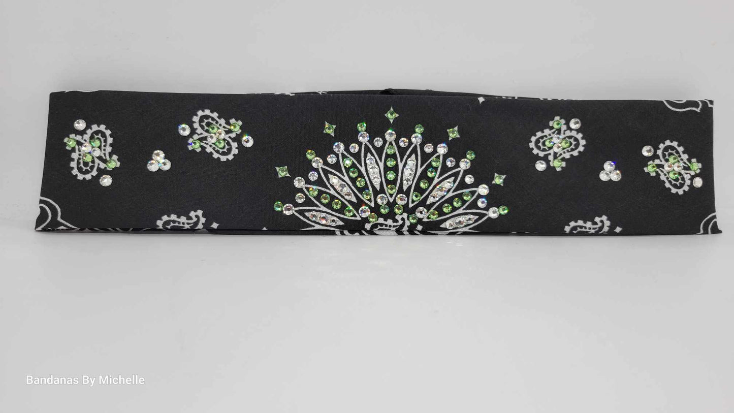 Narrow Black Paisley Bandana with Peridot Green and Diamond Clear Austrian Crystals (Sku2079)