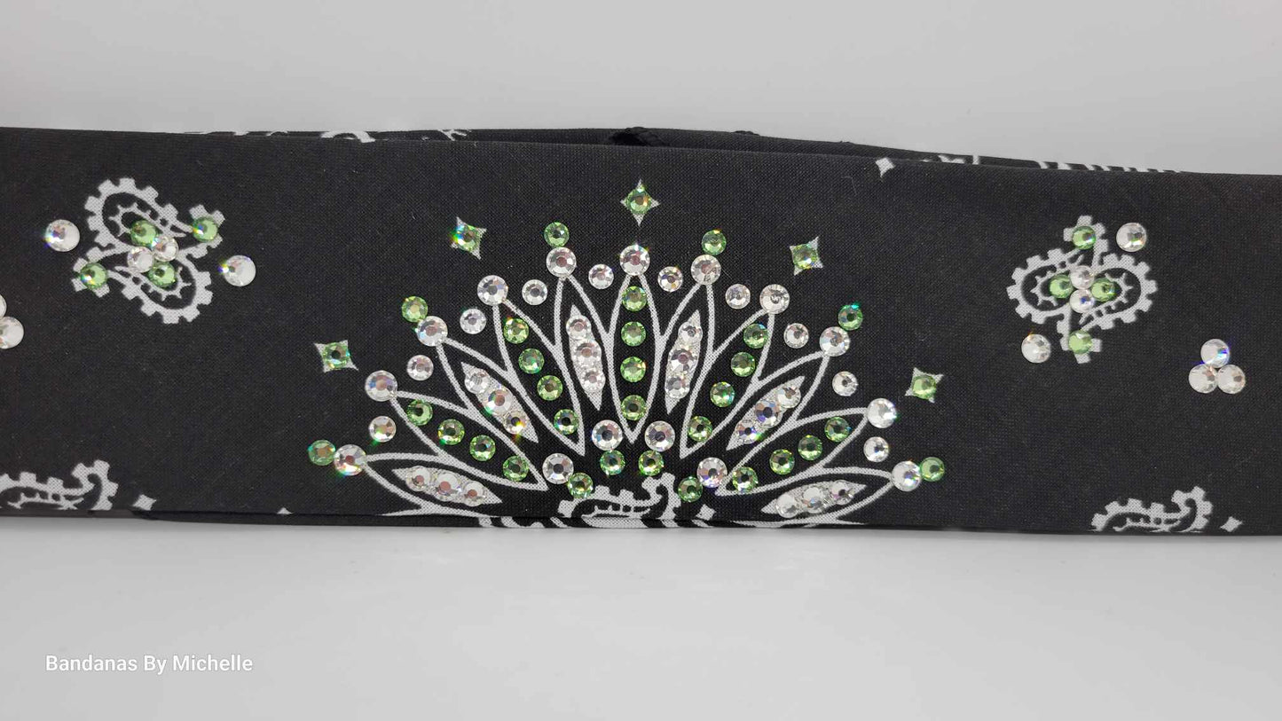 Narrow Black Paisley Bandana with Peridot Green and Diamond Clear Austrian Crystals (Sku2079)