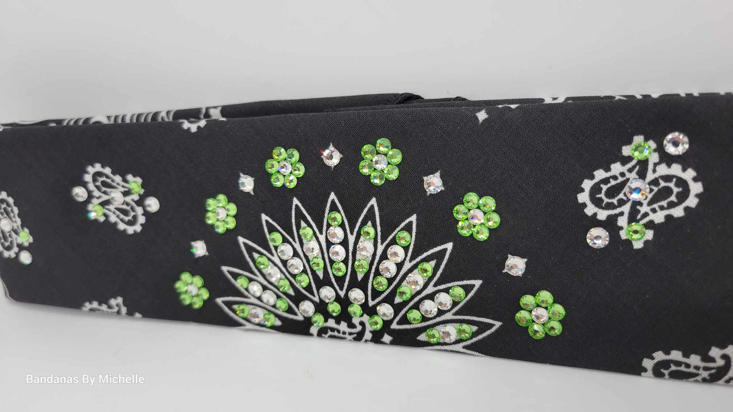 Narrow Black Paisley Bandana with Light Green and Diamond Clear Austrian Crystals (Sku2080)