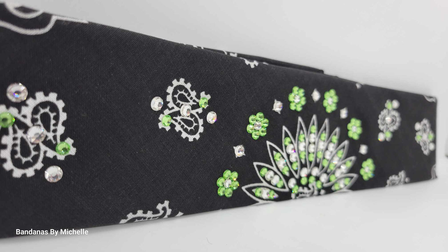 Narrow Black Paisley Bandana with Light Green and Diamond Clear Austrian Crystals (Sku2080)