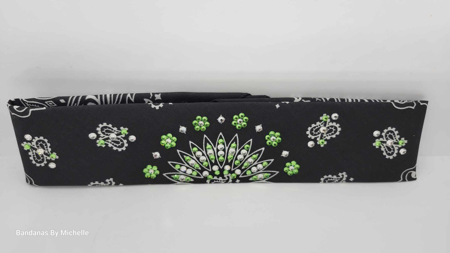 Narrow Black Paisley Bandana with Light Green and Diamond Clear Austrian Crystals (Sku2080)