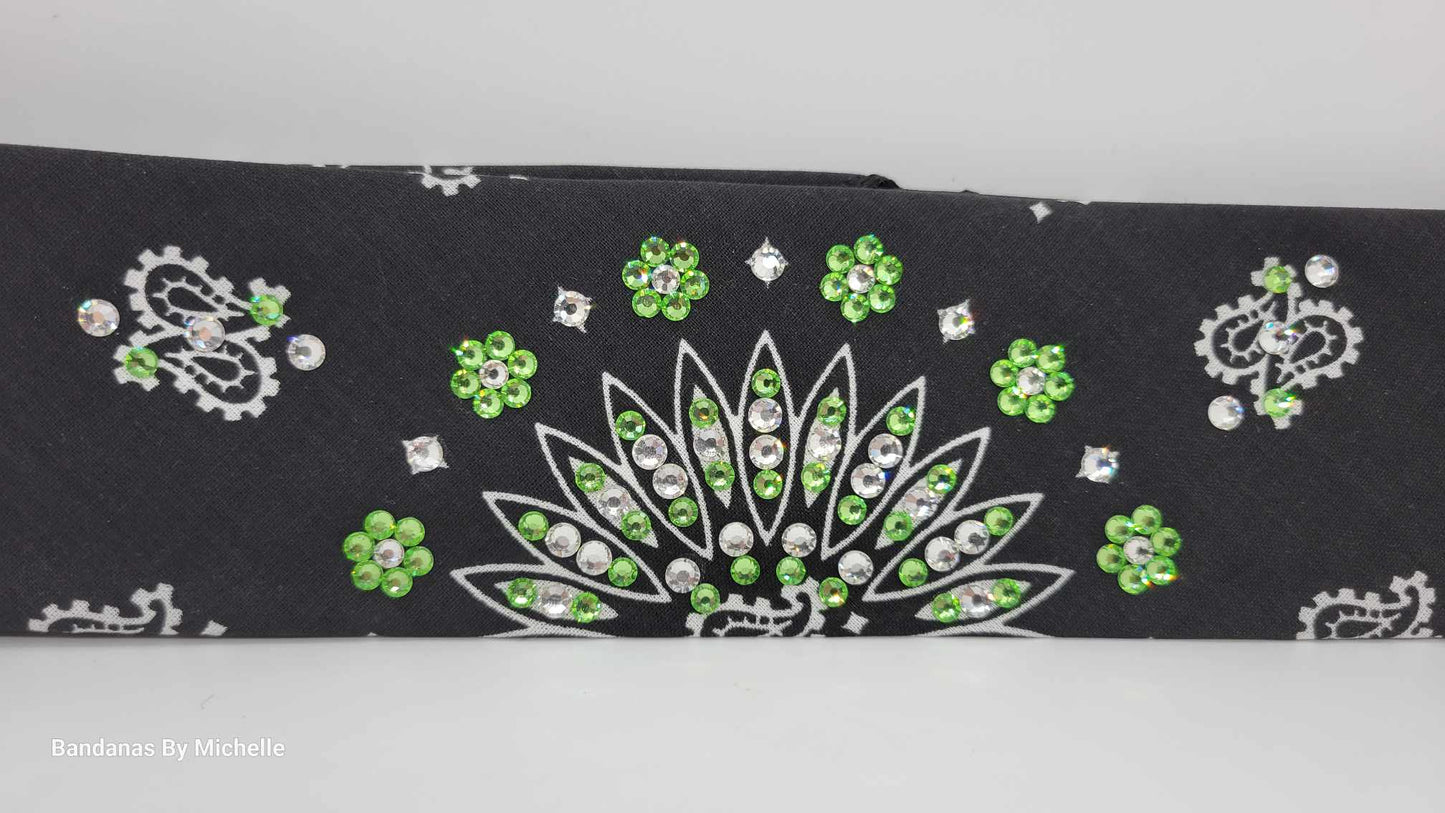 Narrow Black Paisley Bandana with Light Green and Diamond Clear Austrian Crystals (Sku2080)