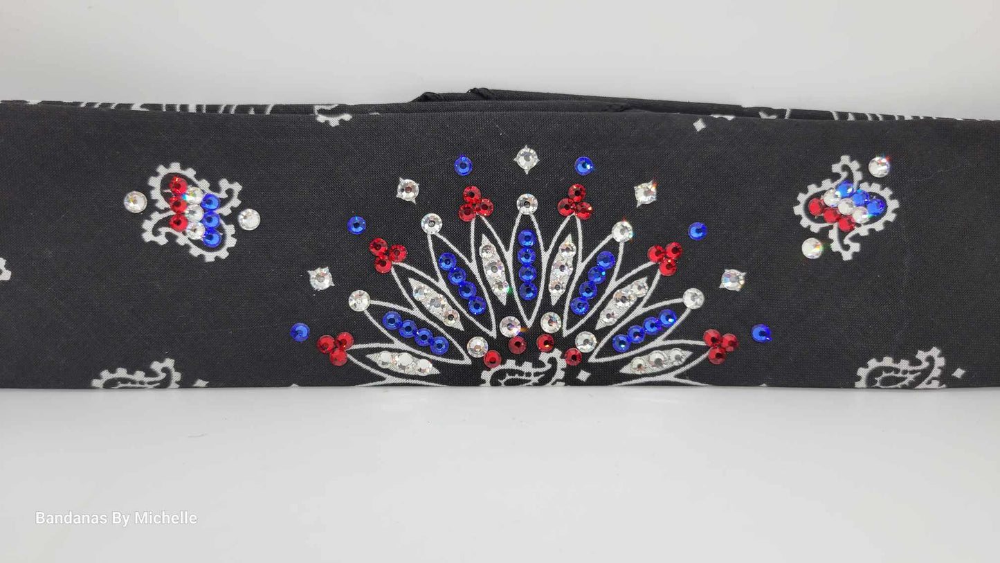 Narrow Black Paisley Bandana with Red, Blue and Diamond Clear Austrian Crystals (Sku2082)
