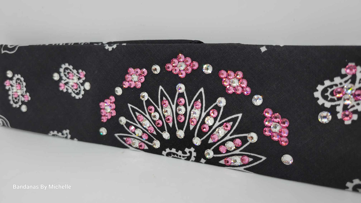 Narrow Black Paisley Bandana with Light Pink and Diamond Clear Austrian Crystals (Sku2085)