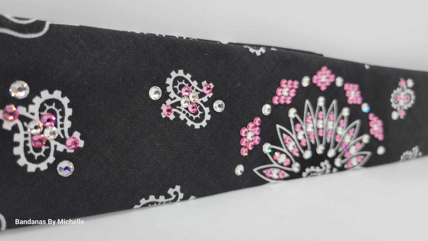 Narrow Black Paisley Bandana with Light Pink and Diamond Clear Austrian Crystals (Sku2085)