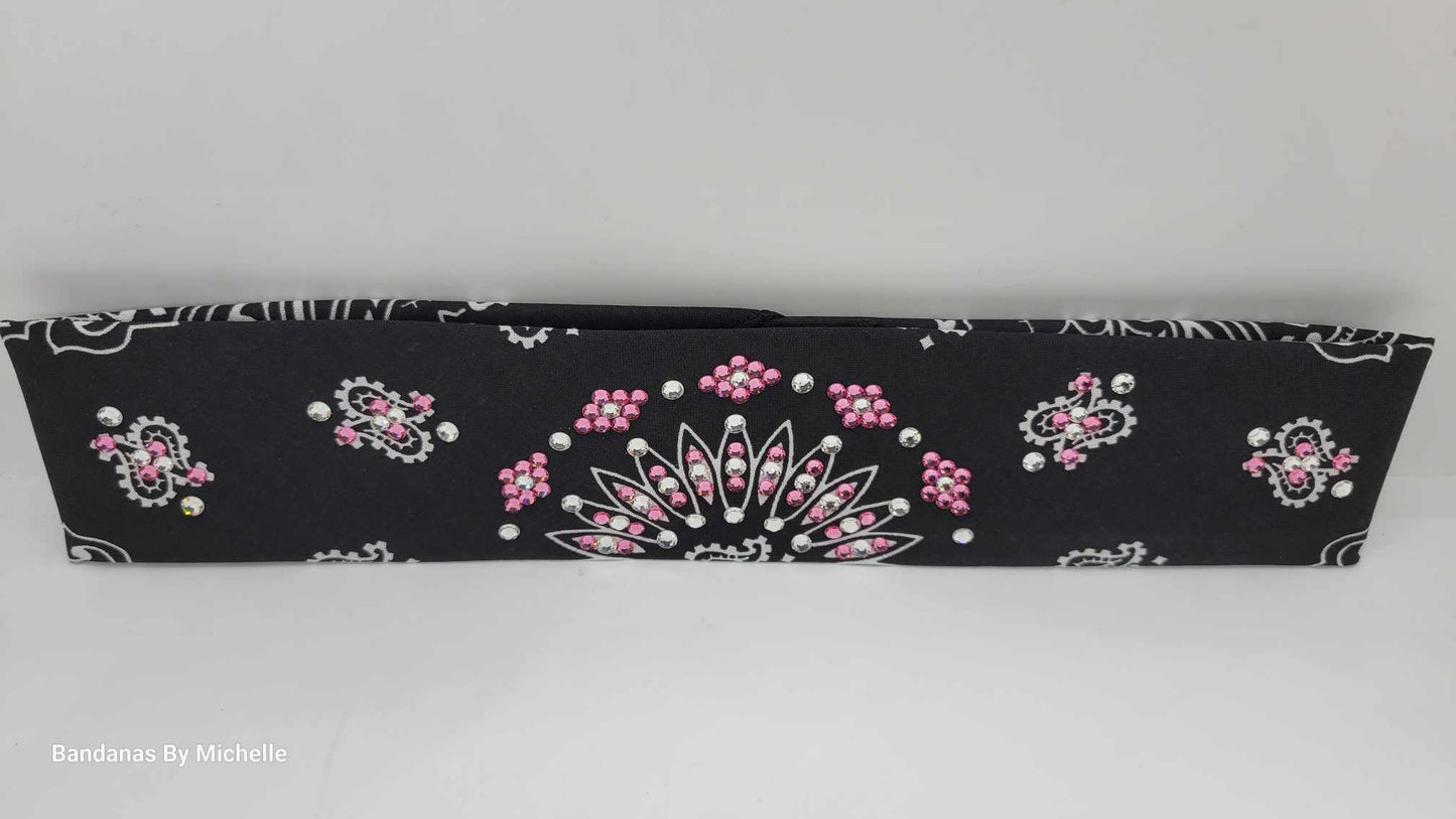 Narrow Black Paisley Bandana with Light Pink and Diamond Clear Austrian Crystals (Sku2085)