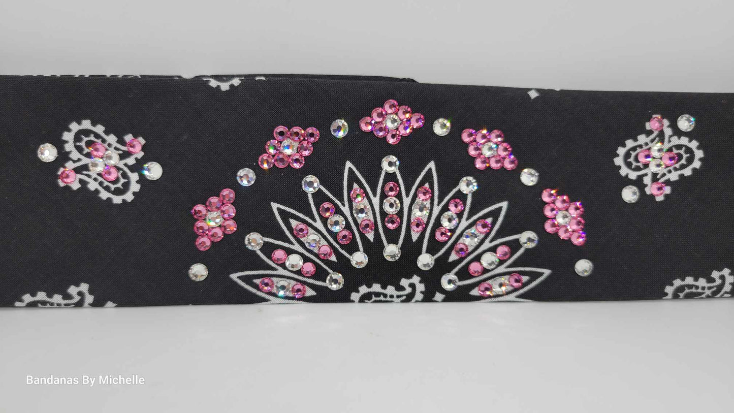 Narrow Black Paisley Bandana with Light Pink and Diamond Clear Austrian Crystals (Sku2085)