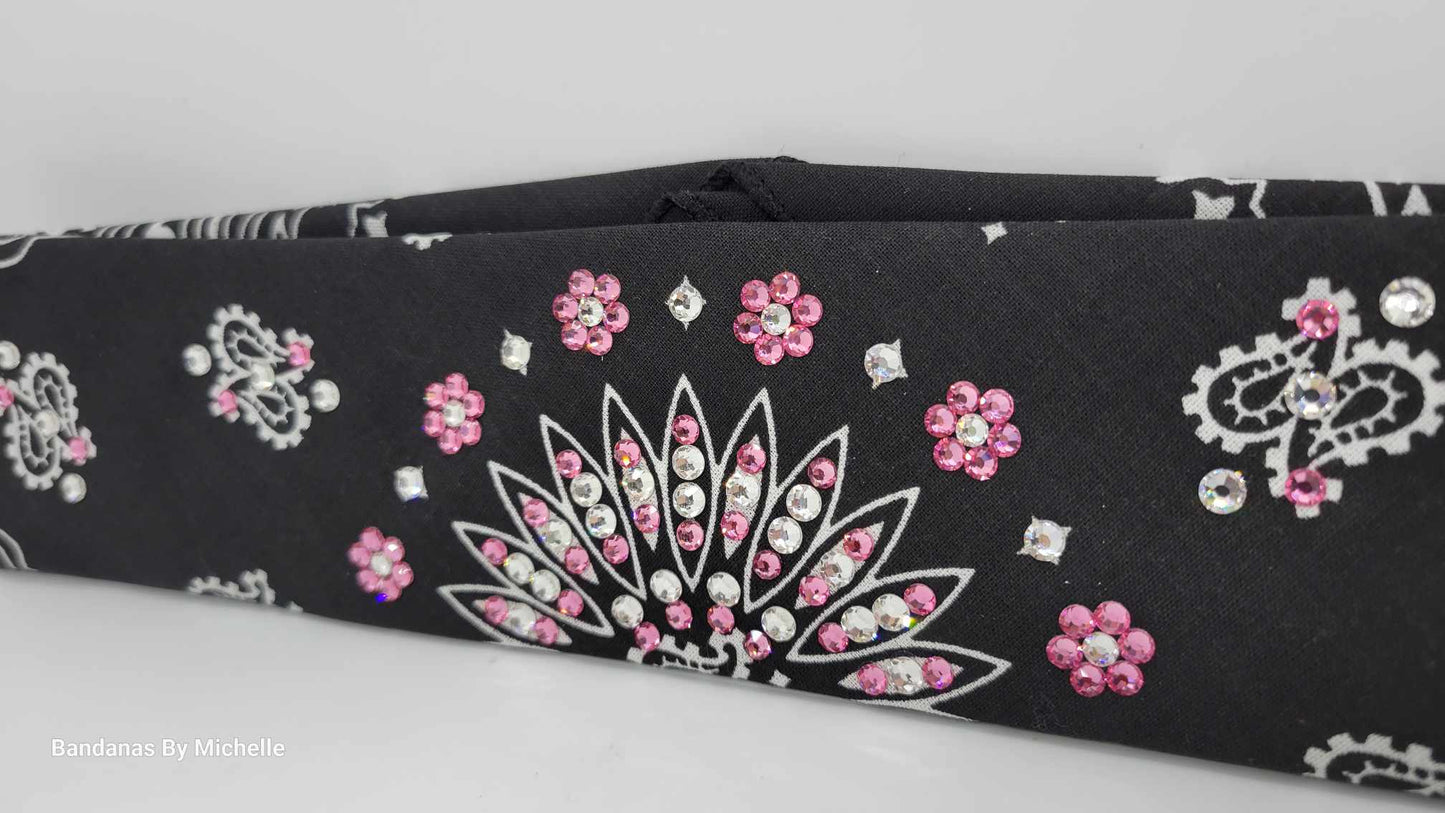 Narrow Black Paisley Bandana with Light Pink and Diamond Clear Austrian Crystals (Sku2086)