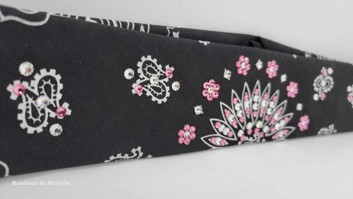 Narrow Black Paisley Bandana with Light Pink and Diamond Clear Austrian Crystals (Sku2086)