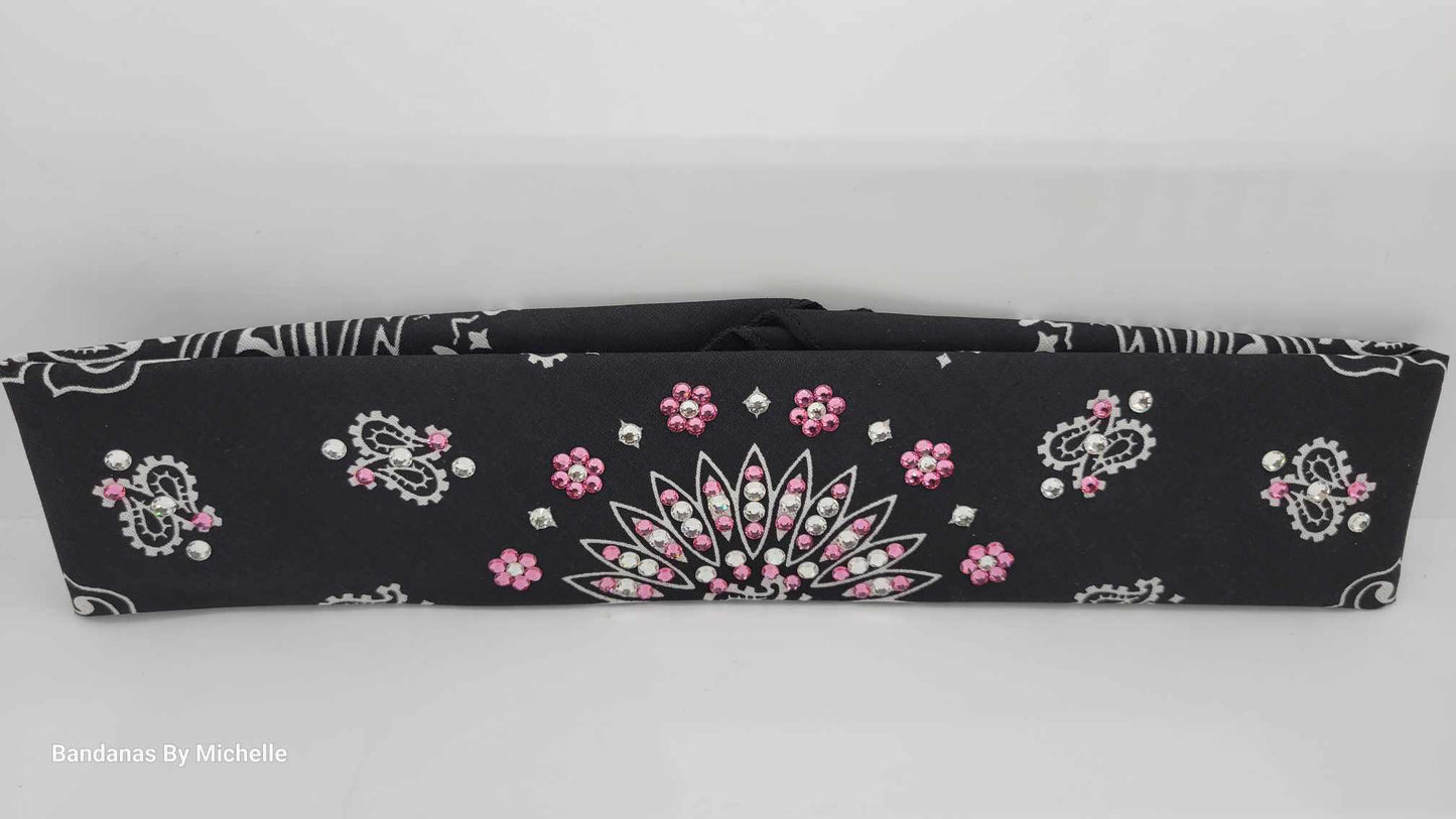 Narrow Black Paisley Bandana with Light Pink and Diamond Clear Austrian Crystals (Sku2086)