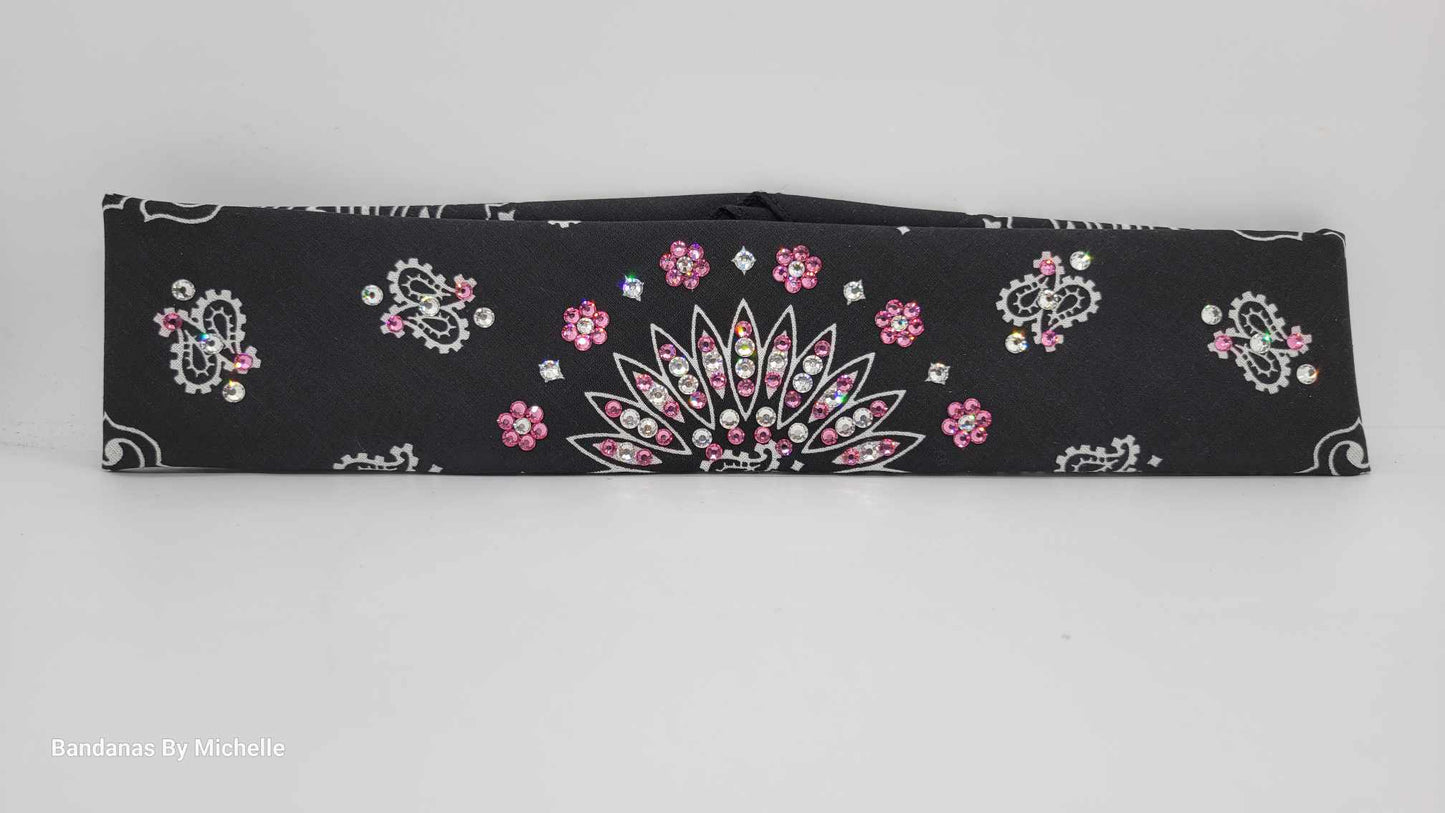 Narrow Black Paisley Bandana with Light Pink and Diamond Clear Austrian Crystals (Sku2086)