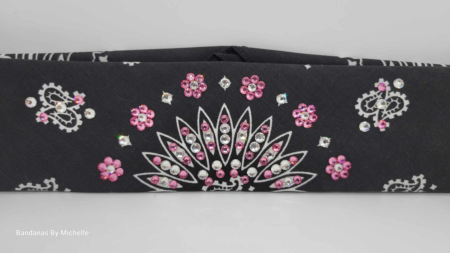 Narrow Black Paisley Bandana with Light Pink and Diamond Clear Austrian Crystals (Sku2086)