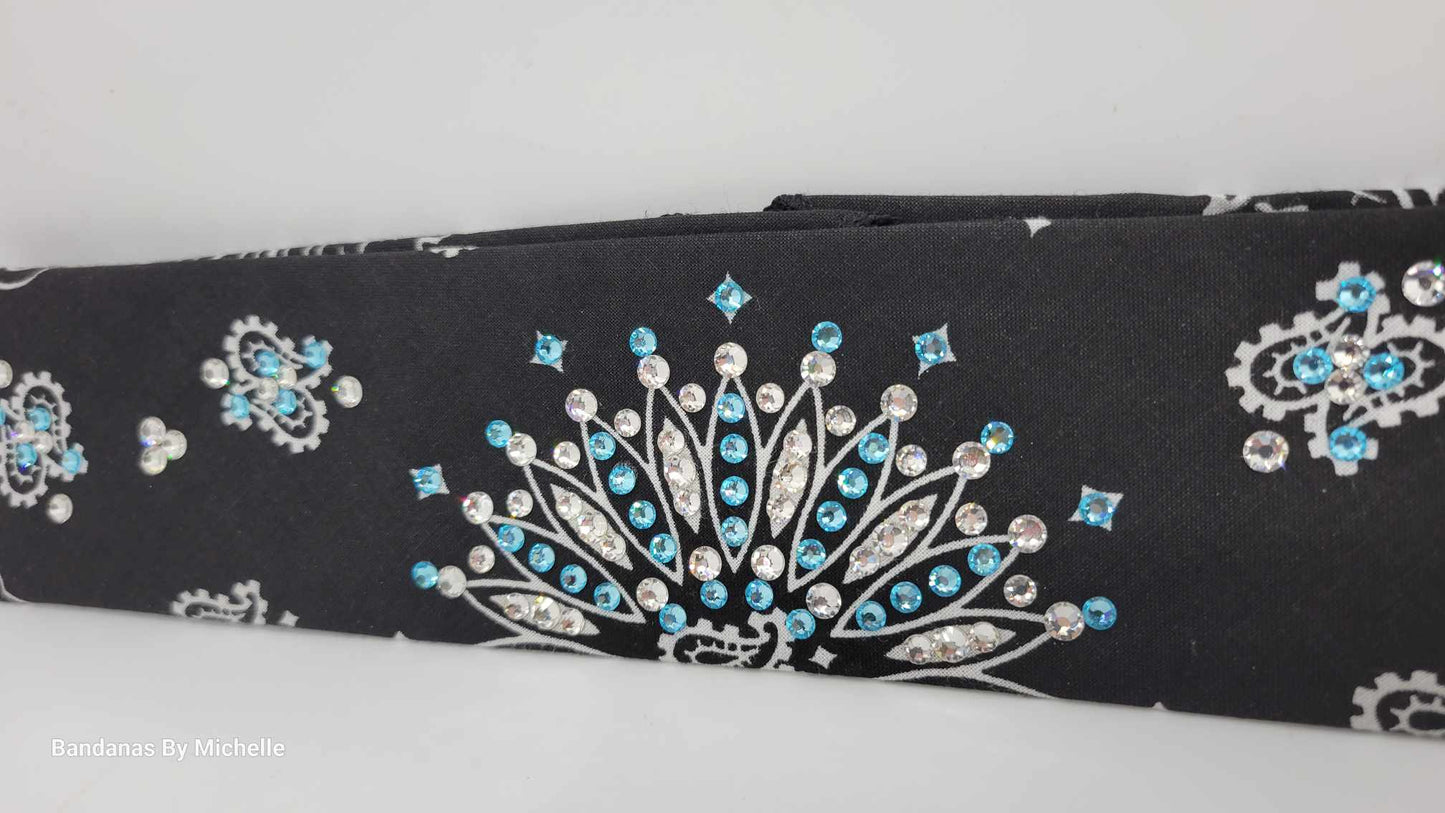 Narrow Black Paisley Bandana with Turquoise and Diamond Clear Austrian Crystals (Sku2087)