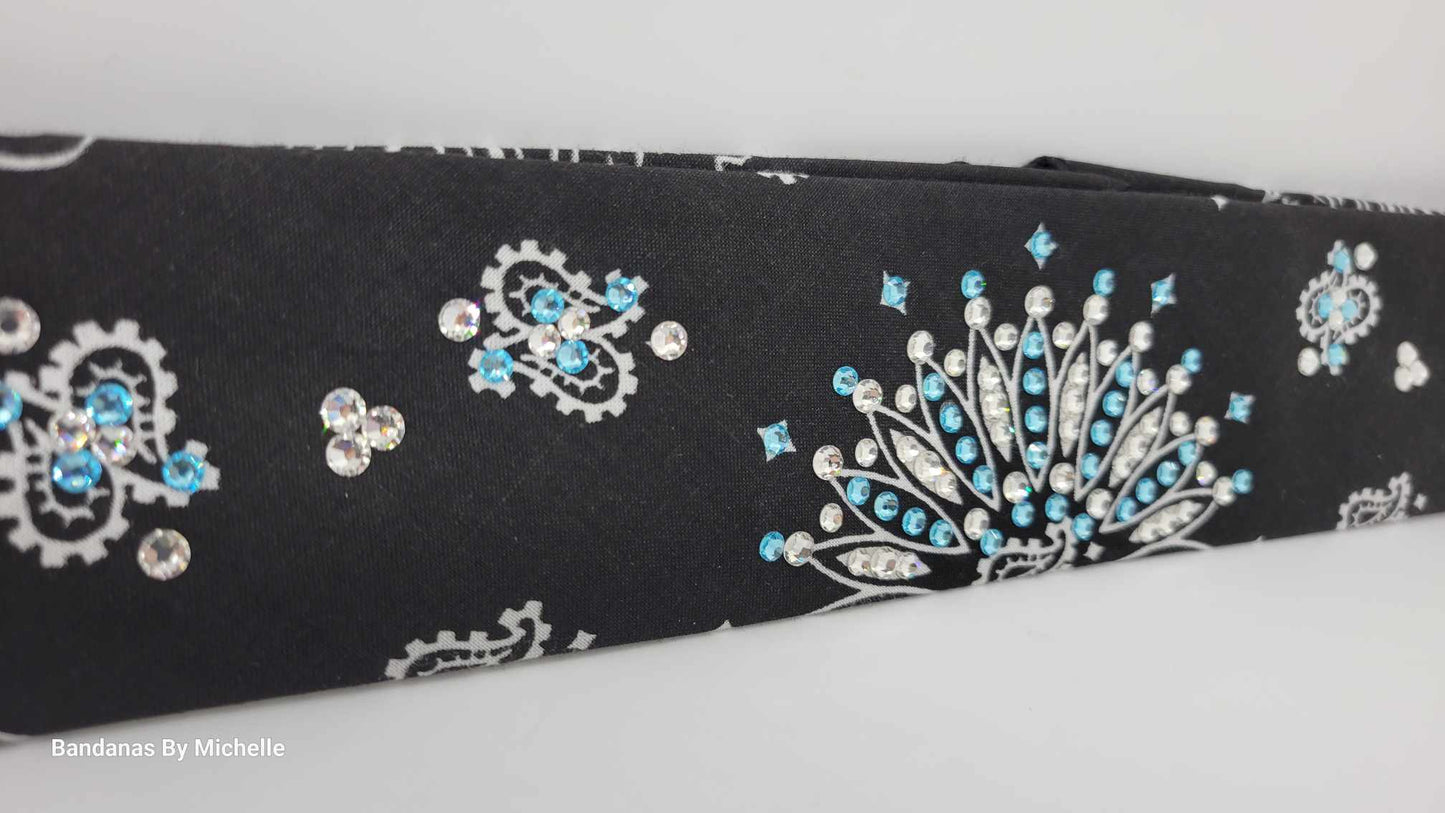 Narrow Black Paisley Bandana with Turquoise and Diamond Clear Austrian Crystals (Sku2087)