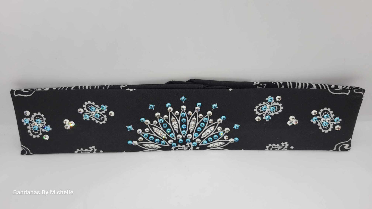 Narrow Black Paisley Bandana with Turquoise and Diamond Clear Austrian Crystals (Sku2087)
